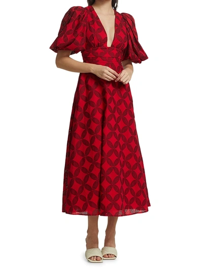 Shop Acler Hamilton Graphic Puff-sleeve Midi Dress In Red Mix