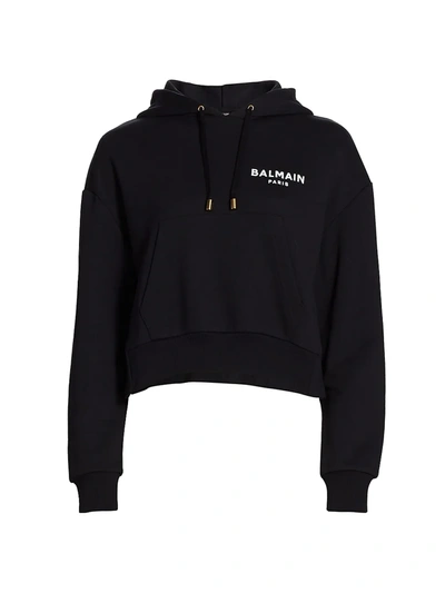 Shop Balmain Cropped Logo Hoodie In Noir Blanc