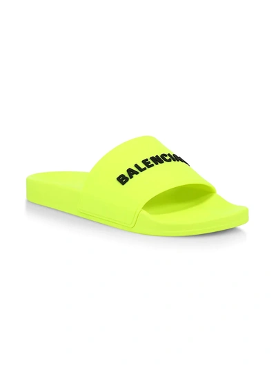 Shop Balenciaga Men's Logo Pool Slides In Fluo Yellow