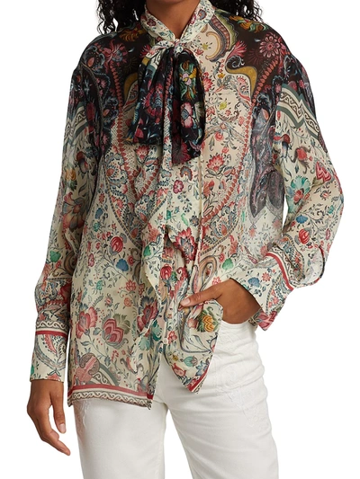 Shop Etro Floral Bow Silk Blouse In White