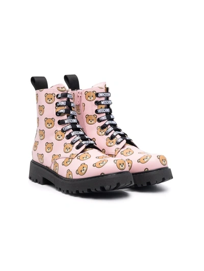Shop Moschino Teddy-print Leather Boots In Pink