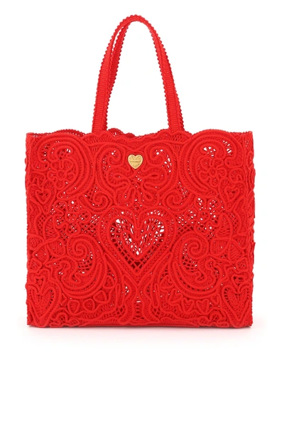Shop Dolce & Gabbana Beatrice Large Tote Bag Cordonetto Lace In Red