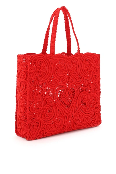 Shop Dolce & Gabbana Beatrice Large Tote Bag Cordonetto Lace In Red