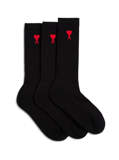 Shop Ami Alexandre Mattiussi Three-pack Cotton Socks With Logo In Black