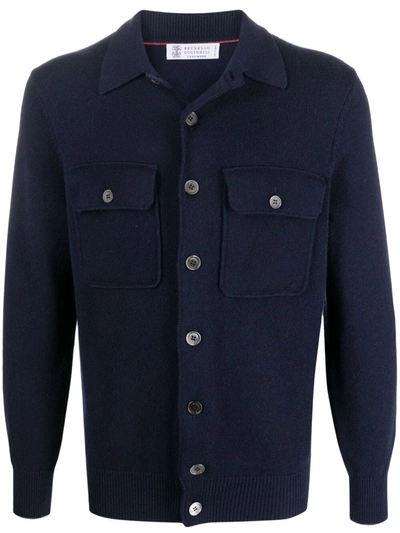 Brunello Cucinelli Patch Pocket Knitted Cardigan In Blau