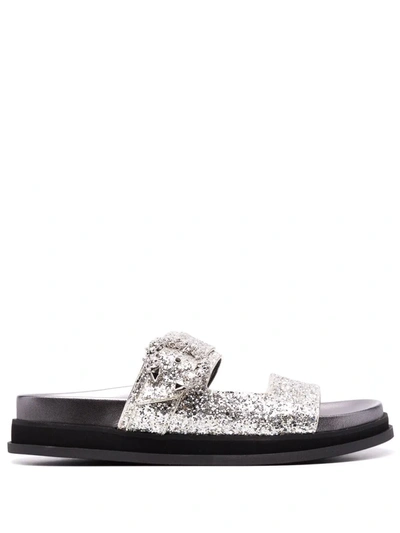 Shop Jimmy Choo Marga Glitter-embellished Flat Sandals In Silber