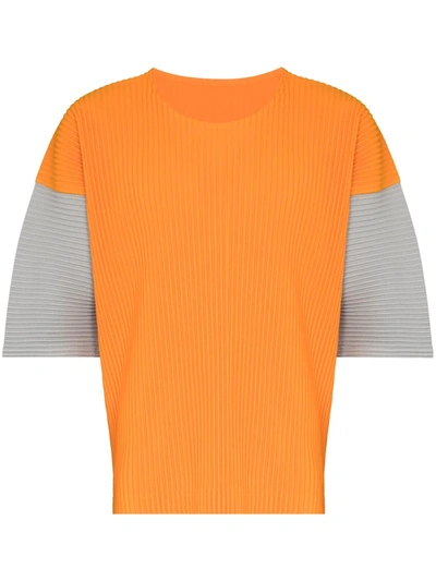 Shop Issey Miyake Colour-block Plissé T-shirt In Orange