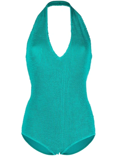 Shop Bottega Veneta Ribbed Halter Swimsuit In Blau