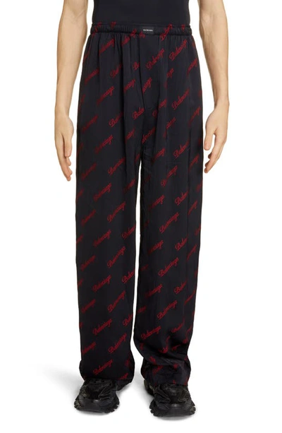 Shop Balenciaga Script Logo Jacquard Pants In Black/ Red