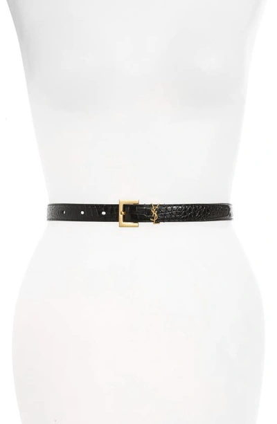 Shop Saint Laurent Monogram Skinny Patent Leather Belt In Nero