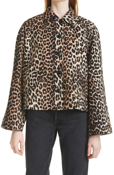 Shop Ganni Leopard Print Linen & Cotton Jacket