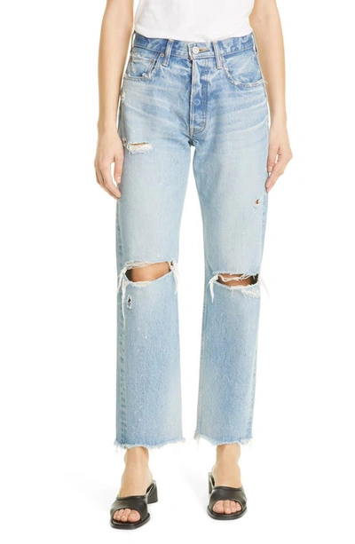 Shop Moussy Odessa Distressed Wide Straight Leg Jeans In Blue
