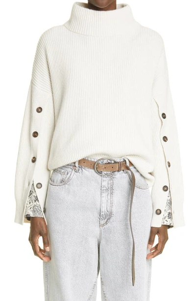 Shop Brunello Cucinelli Button Sleeve Ribbed Turtleneck Sweater In Warm White