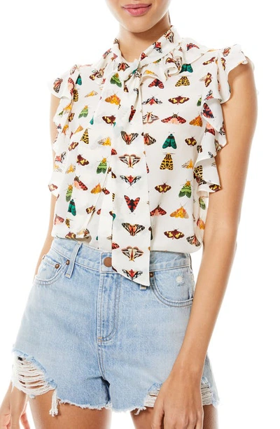 Shop Alice And Olivia Robbie Butterfly Print Silk Bow Blouse In Fly Away
