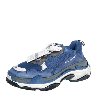 Pre-owned Balenciaga Blue/white Mesh And Leather Triple S Low Top Sneakers Size 43