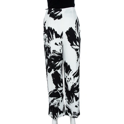 Pre-owned Roland Mouret Monochrome Printed Cloque Pleated Wide Leg Meltham Pants M In White