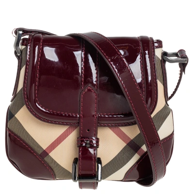 Pre-owned Burberry Maroon/beige Nova Check Coated Canvas And Patent Leather Flap Crossbody Bag In Burgundy