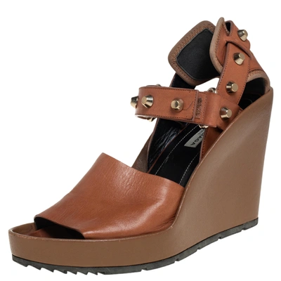 Pre-owned Balenciaga Brown Leather Wedge Ankle Strap Sandals Size 38.5