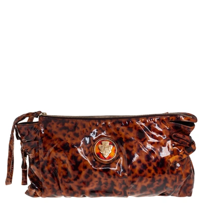 Pre-owned Gucci Brown Leopard Print Patent Leather Large Hysteria Clutch