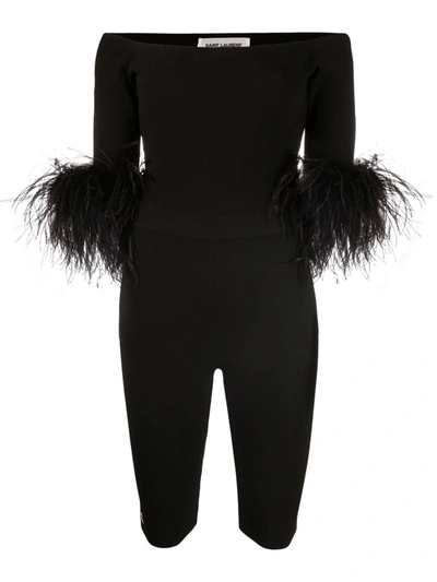 Shop Saint Laurent Feather-trim Playsuit In Black