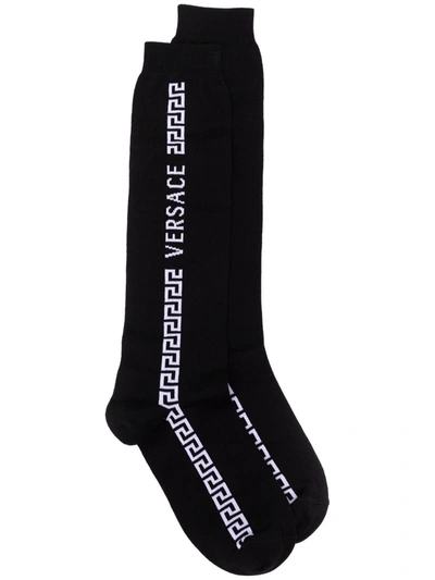 Shop Versace Greca Ribbed Socks In Black