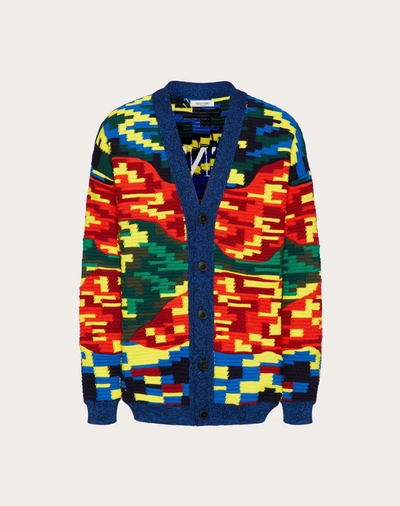 Shop Valentino Uomo Wool And Cotton Cardigan With Camou7 Motif In Multicolored