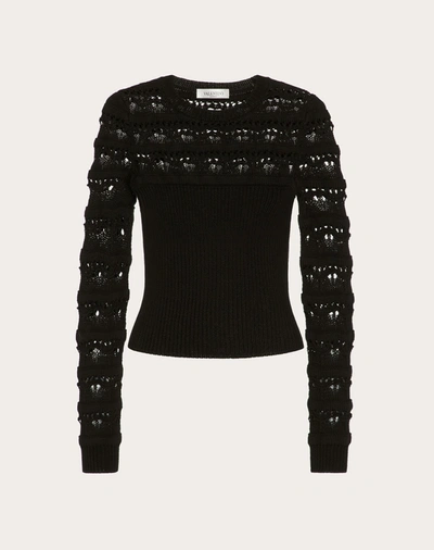 Valentino Garavani Strass Embellished Short-Sleeve Crop Knit Sweater, Gray Charcoal, Women's, Medium, Sweaters