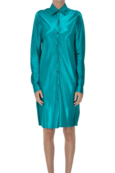 Shop Dries Van Noten Satin Shirt Dress In Turquoise