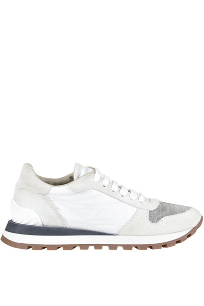 Shop Brunello Cucinelli Suede And Techno Fabric Sneakers In Ivory