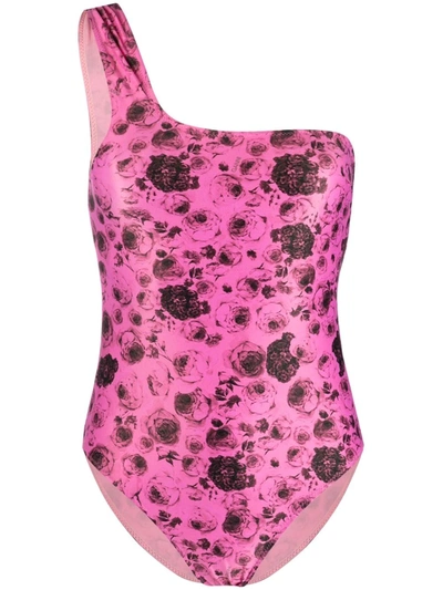 Shop Ganni Floral-print One-shoulder Swimsuit In Pink