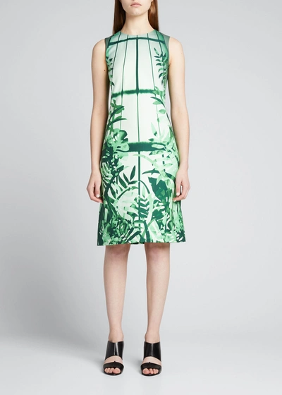 Shop Akris Leaf-print Cotton-silk Sheath Dress In Bright Green