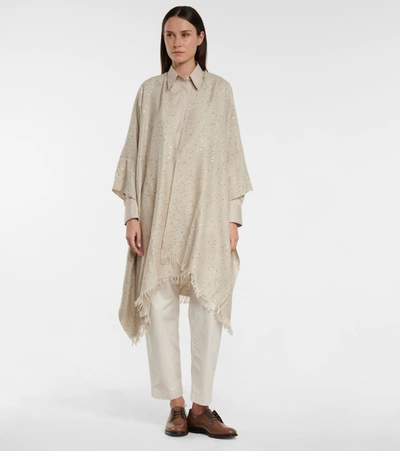 Shop Brunello Cucinelli Sequined Cashmere And Silk Shawl In Brown