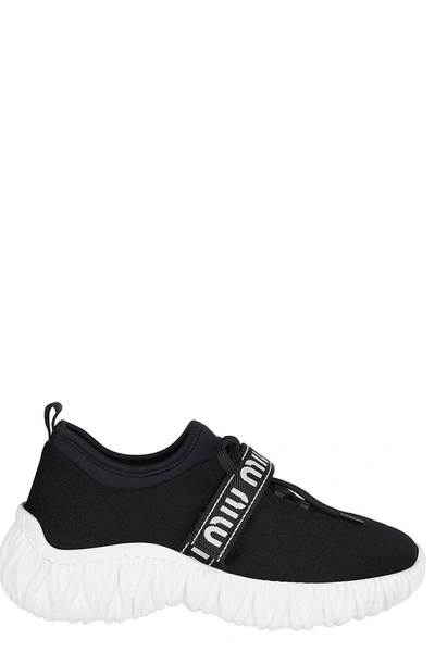 Shop Miu Miu Logo Strap Round Toe Sneakers In Black