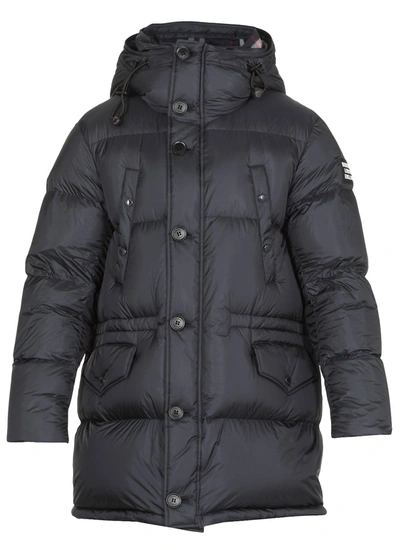 Shop Burberry Check Insert Hooded Puffer Coat In Navy
