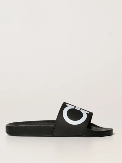 Shop Ferragamo Flat Sandals Groovy Salvatore  Rubber Sandals With Gancini Logo In Black