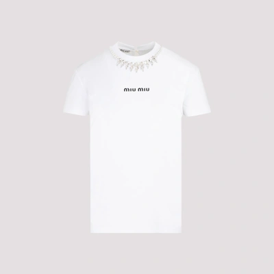 Shop Miu Miu Crystal Embellished Logo Printed T In White