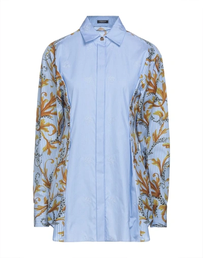 Shop Versace Woman Shirt Azure Size 2 Cotton In Blue