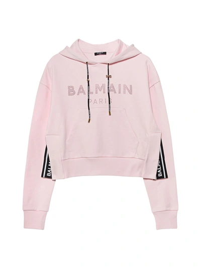 Shop Balmain Embellished Logo Drawstring Hoodie In Pink