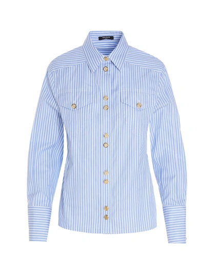 Shop Balmain Pinstriped Classic Collar Shirt In Blue