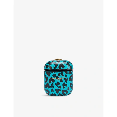 Shop Saint Laurent Aqua Leopard Monogram Leopard-print Leather Airpods Case In Blue