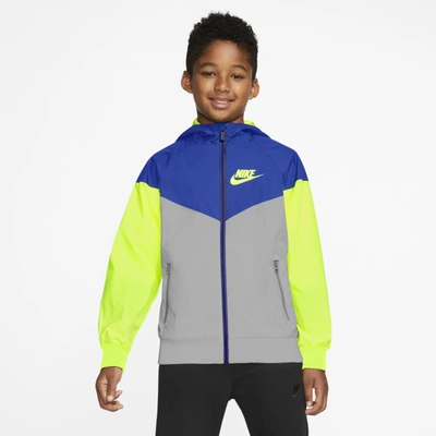 Shop Nike Sportswear Windrunner Big Kids' Jacket In Light Smoke Grey,game Royal,volt,volt