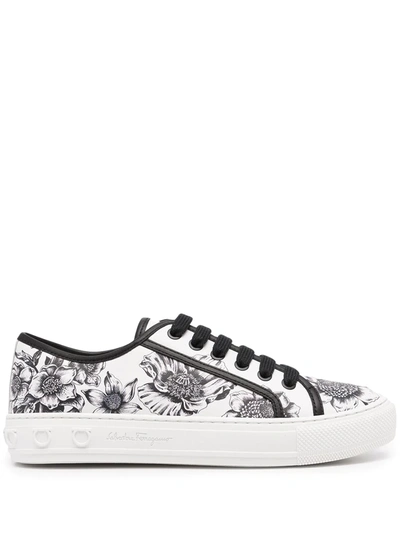 Ferragamo Borg Floral-print Sneakers In Weiss