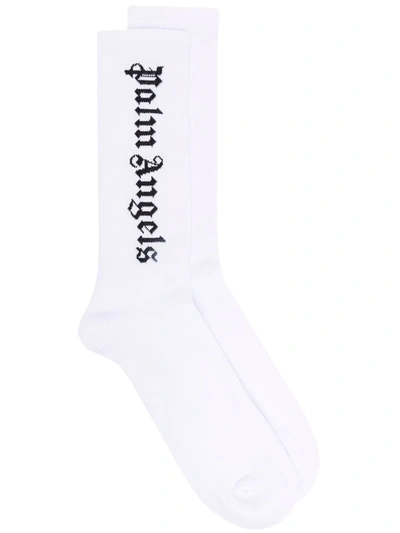 Shop Palm Angels Intarsia Logo Socks In White