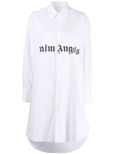 Shop Palm Angels Logo Print Shirt Dress In White