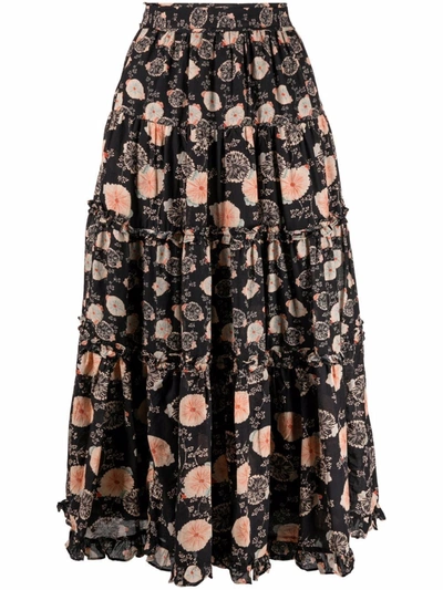 Shop Ulla Johnson Tulia Floral-print Tiered Skirt In Black
