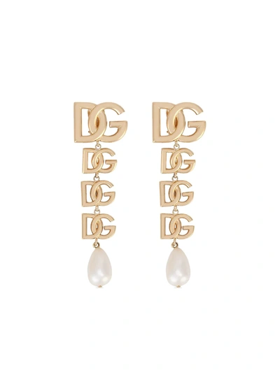 Shop Dolce & Gabbana Logo Pearl-embellished Drop Earrings In Gold