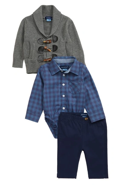 Shop Andy & Evan Toggle Sweater, Button-up Bodysuit & Pants Set In Royal Blue Check