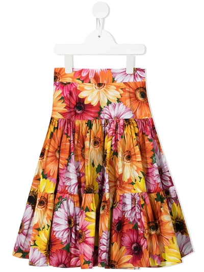 Shop Dolce & Gabbana Floral-print Tiered Midi Skirt In Orange