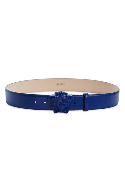 Shop Versace Medusa Head Leather Belt In Blue/ Gold