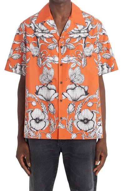 Shop Valentino Dark Blooming Floral Short Sleeve Button-up Shirt In Orange